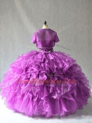 Cute Purple Lace Up Ball Gown Prom Dress Beading and Ruffles Sleeveless Floor Length