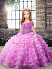 Lilac Ball Gowns Straps Sleeveless Organza Brush Train Lace Up Beading and Ruffled Layers Pageant Gowns For Girls