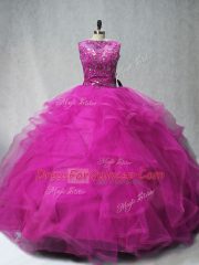 Lace Up Sweet 16 Dresses Fuchsia for Sweet 16 and Quinceanera with Beading and Ruffles Brush Train