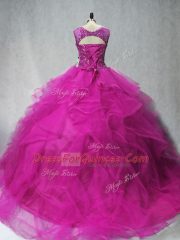 Lace Up Sweet 16 Dresses Fuchsia for Sweet 16 and Quinceanera with Beading and Ruffles Brush Train