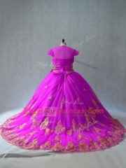Sexy Fuchsia Sweetheart Lace Up Beading and Appliques Quince Ball Gowns Court Train Sleeveless