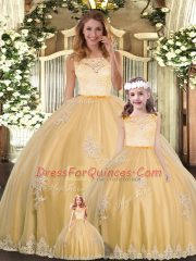 Modest Gold Tulle Clasp Handle Scoop Sleeveless Floor Length Quinceanera Gowns Lace and Appliques