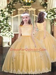 Modest Gold Tulle Clasp Handle Scoop Sleeveless Floor Length Quinceanera Gowns Lace and Appliques