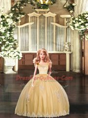 Modest Gold Tulle Clasp Handle Scoop Sleeveless Floor Length Quinceanera Gowns Lace and Appliques