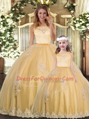 Modest Gold Tulle Clasp Handle Scoop Sleeveless Floor Length Quinceanera Gowns Lace and Appliques