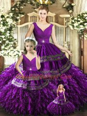 Purple Sleeveless Floor Length Beading and Embroidery and Ruffles Backless Ball Gown Prom Dress