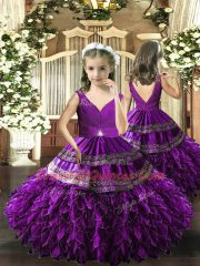Purple Sleeveless Floor Length Beading and Embroidery and Ruffles Backless Ball Gown Prom Dress