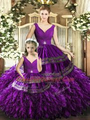 Purple Sleeveless Floor Length Beading and Embroidery and Ruffles Backless Ball Gown Prom Dress
