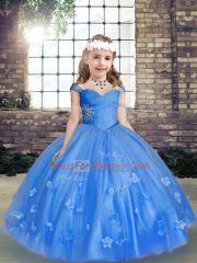 Blue Sleeveless Beading and Hand Made Flower Floor Length Pageant Dress for Womens