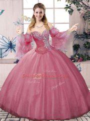 Attractive Pink Tulle Lace Up Sweet 16 Dresses Sleeveless Floor Length Beading and Ruching
