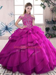 Sophisticated High-neck Sleeveless Organza 15th Birthday Dress Beading and Ruffled Layers Lace Up