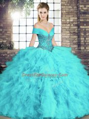 Beautiful Aqua Blue Off The Shoulder Neckline Beading and Ruffles Ball Gown Prom Dress Sleeveless Lace Up