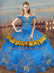 Floor Length Blue Ball Gown Prom Dress Off The Shoulder Sleeveless Lace Up