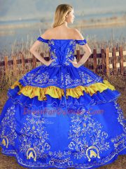 Floor Length Blue Ball Gown Prom Dress Off The Shoulder Sleeveless Lace Up