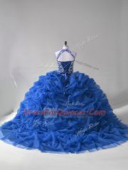 Dynamic Blue Ball Gowns Halter Top Sleeveless Organza Court Train Lace Up Beading and Pick Ups Ball Gown Prom Dress