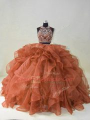 Gorgeous Beading and Ruffles Quinceanera Dresses Brown Backless Sleeveless Brush Train
