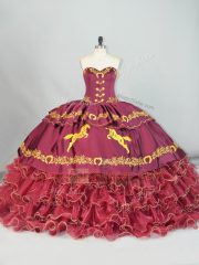 Burgundy Satin and Organza Lace Up Quinceanera Dresses Sleeveless Brush Train Embroidery and Ruffled Layers