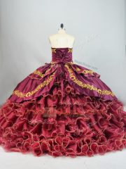Burgundy Satin and Organza Lace Up Quinceanera Dresses Sleeveless Brush Train Embroidery and Ruffled Layers