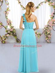 Super Turquoise Empire One Shoulder Sleeveless Chiffon Floor Length Lace Up Hand Made Flower Dama Dress
