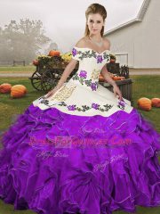 White And Purple Organza Lace Up Off The Shoulder Sleeveless Floor Length Vestidos de Quinceanera Embroidery and Ruffles