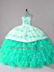 Sophisticated Lace Up Ball Gown Prom Dress Turquoise for Sweet 16 and Quinceanera with Embroidery and Ruffles Court Train