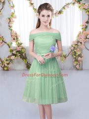 Most Popular Off The Shoulder Short Sleeves Dama Dress for Quinceanera Knee Length Belt Green Tulle