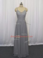 Attractive Beading and Lace Prom Gown Grey Zipper Sleeveless Floor Length
