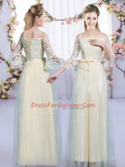 Cheap Champagne 3 4 Length Sleeve Floor Length Lace and Bowknot Lace Up Court Dresses for Sweet 16