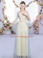 Cheap Champagne 3 4 Length Sleeve Floor Length Lace and Bowknot Lace Up Court Dresses for Sweet 16