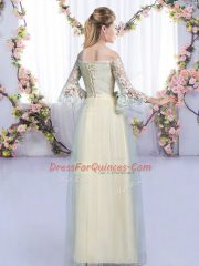 Cheap Champagne 3 4 Length Sleeve Floor Length Lace and Bowknot Lace Up Court Dresses for Sweet 16
