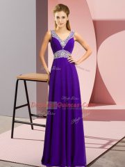 Sweet Purple Empire Beading Evening Dress Lace Up Chiffon Sleeveless Floor Length