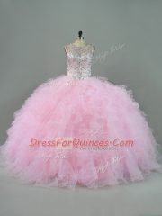 Floor Length Lace Up Quinceanera Gowns Baby Pink for Sweet 16 and Quinceanera with Beading and Ruffles