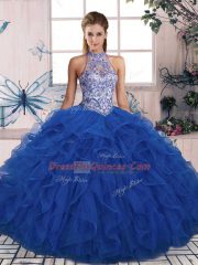 Dramatic Halter Top Sleeveless Lace Up Sweet 16 Dress Blue Tulle