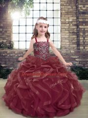Burgundy Sleeveless Beading and Ruffles Floor Length Glitz Pageant Dress
