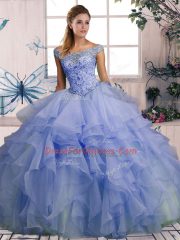 Lavender Ball Gowns Organza Off The Shoulder Sleeveless Beading and Ruffles Floor Length Lace Up 15 Quinceanera Dress