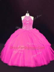 Fancy Tulle Halter Top Sleeveless Lace Up Beading Quinceanera Gowns in Hot Pink