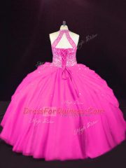 Fancy Tulle Halter Top Sleeveless Lace Up Beading Quinceanera Gowns in Hot Pink