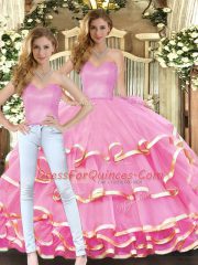 Sleeveless Floor Length Ruffled Layers Lace Up 15th Birthday Dress with Rose Pink