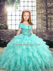 Luxurious Aqua Blue Pageant Gowns For Girls Party and Sweet 16 and Wedding Party with Beading and Ruffles Straps Sleeveless Lace Up