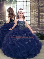 Unique Ball Gowns Pageant Dress for Womens Navy Blue Straps Tulle Sleeveless Floor Length Lace Up