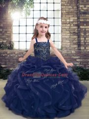 Unique Ball Gowns Pageant Dress for Womens Navy Blue Straps Tulle Sleeveless Floor Length Lace Up