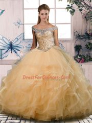 Flirting Sleeveless Tulle Floor Length Lace Up Sweet 16 Quinceanera Dress in Gold with Beading and Ruffles