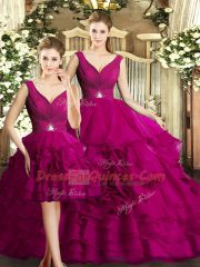 Fuchsia Three Pieces V-neck Sleeveless Organza Floor Length Backless Beading and Ruffles Quince Ball Gowns