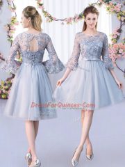 Dynamic Grey Quinceanera Dama Dress Wedding Party with Lace and Belt Scoop 3 4 Length Sleeve Lace Up