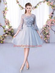 Dynamic Grey Quinceanera Dama Dress Wedding Party with Lace and Belt Scoop 3 4 Length Sleeve Lace Up