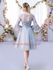 Dynamic Grey Quinceanera Dama Dress Wedding Party with Lace and Belt Scoop 3 4 Length Sleeve Lace Up