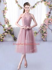 High Quality Tea Length Lace Up Quinceanera Court of Honor Dress Pink for Wedding Party with Appliques and Belt