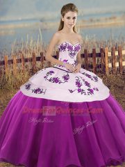 Glittering White And Purple Sweetheart Neckline Embroidery and Bowknot Quince Ball Gowns Sleeveless Lace Up