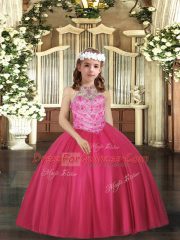 Hot Pink Lace Up Halter Top Beading Kids Formal Wear Tulle Sleeveless