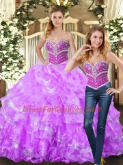Captivating Sleeveless Floor Length Beading and Ruffles Lace Up Quince Ball Gowns with Lilac